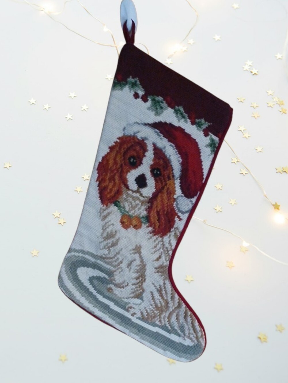 Needlepoint Christmas Stocking  Blenheim-colored Cavalier Spaniel dog